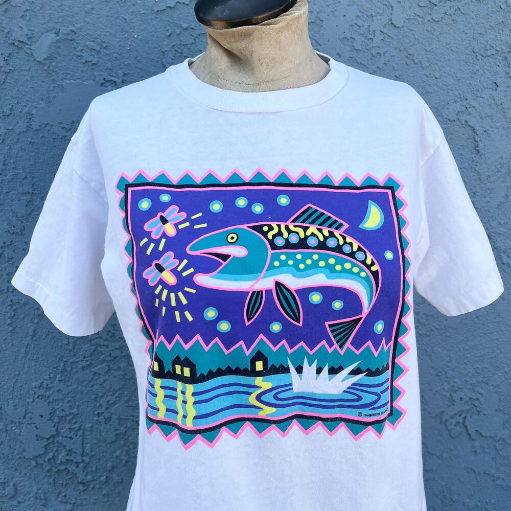 90s Rad T-shirt Fish Print Neon Colors Mens small